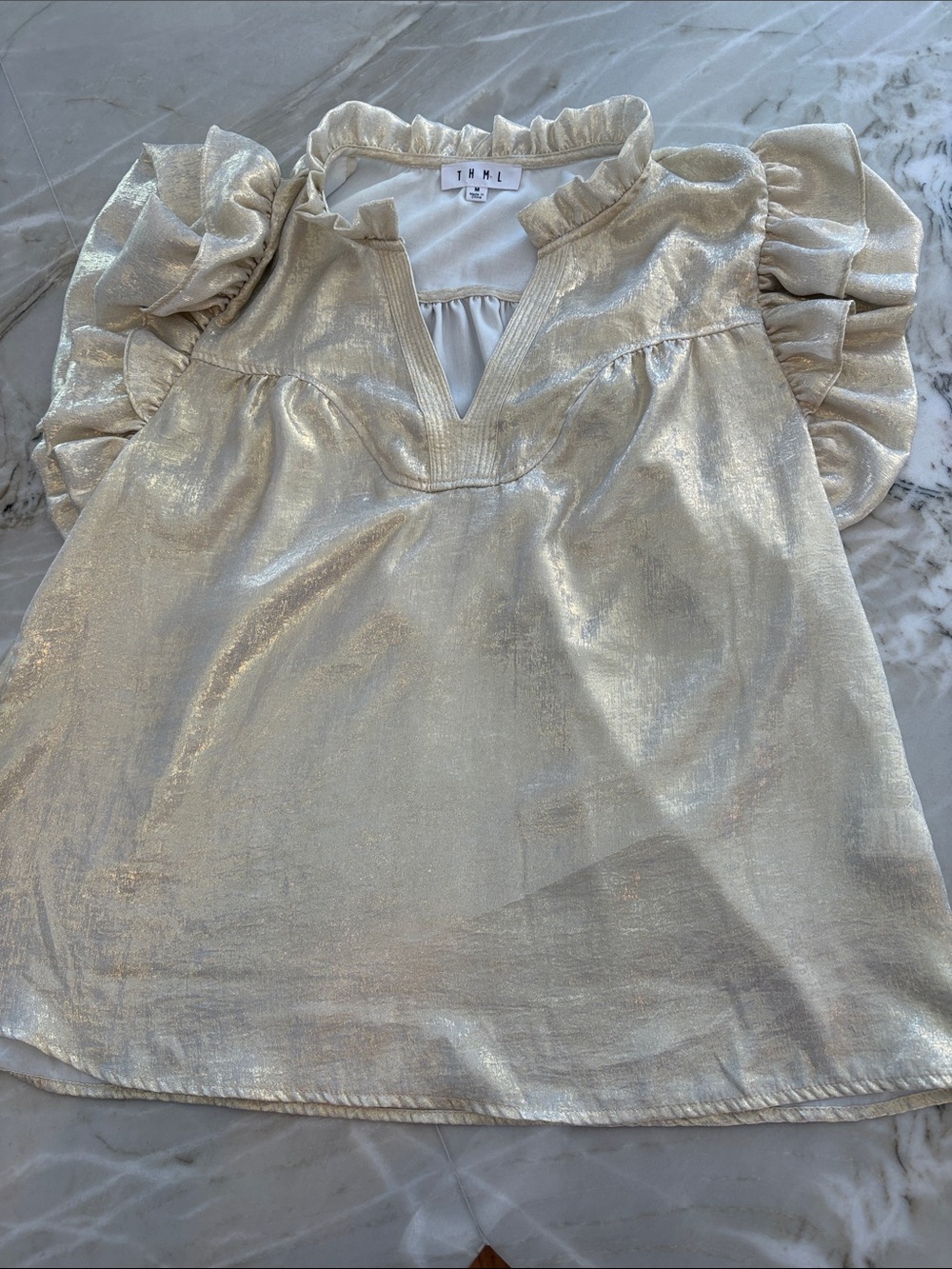 THML Metallic Cream Ruffle Sleeve V-Neck Blouse